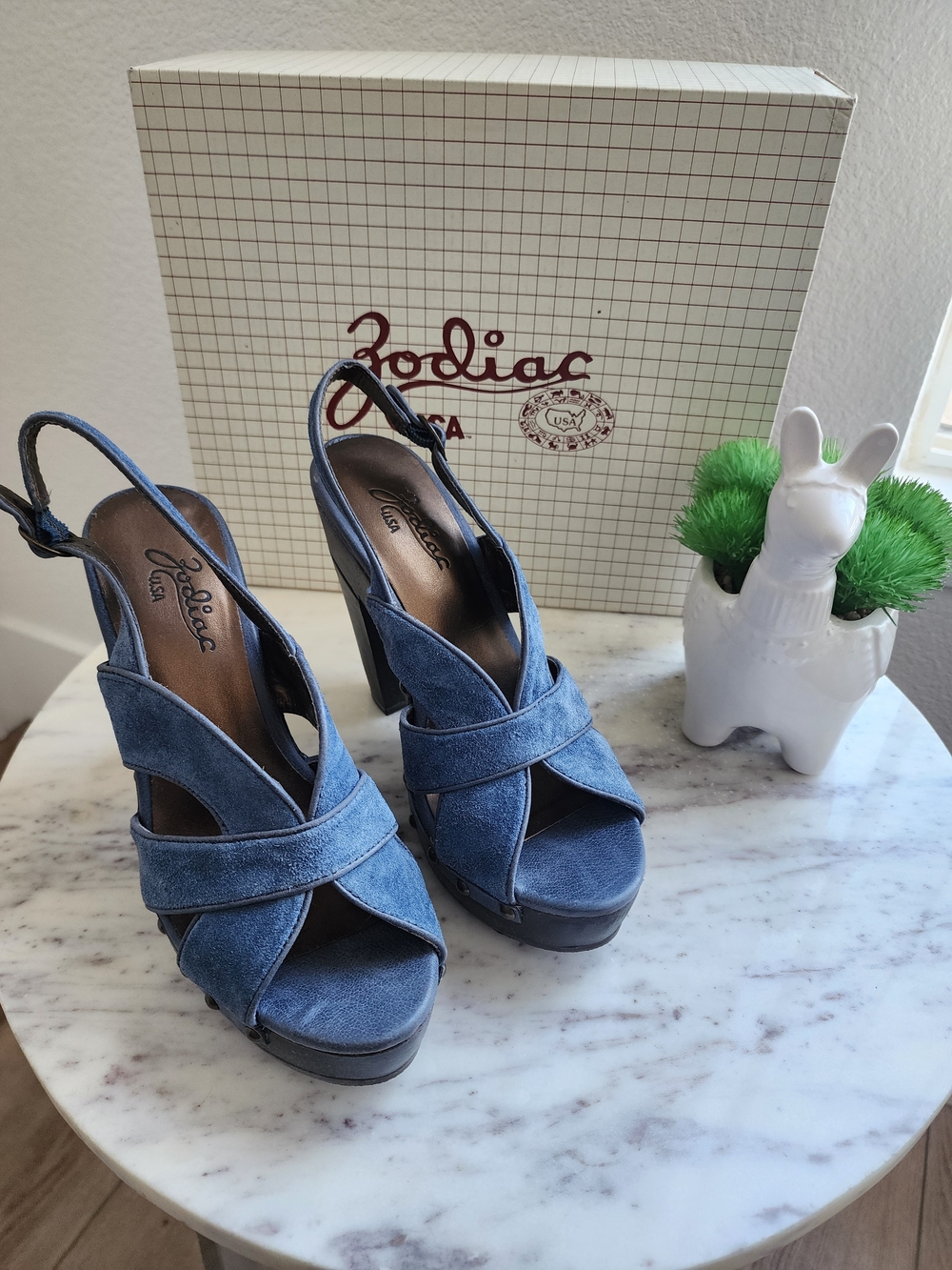 Zodiac Blue Suede Platform Slingback Heels